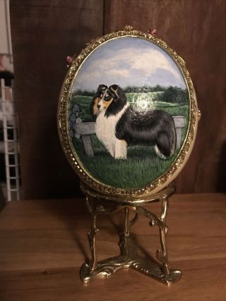 Hand Painted And Jeweled Ostrich Egg On Brass Stand Dog Themed Signed