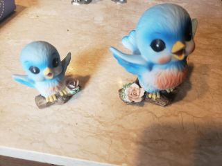 2 Vintage Baby Blue Bird Josef Figure Bisque Porcelain Mommy And Baby