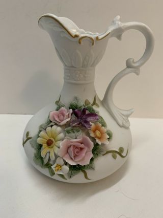 Vintage Lefton China Kw4196 Bud Vase/ Small Pitcher Raised Flowers Bone China