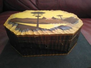 Vintage Hand Carved Wood Chest Jewelry Box W/ Countryside Scene 7”