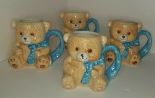 (4) Vintage Ceramic Teddy Bear Mugs Blue Handle