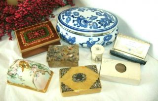 7 Vintage Boxes,  Celluloid & Sterling,  Marble,  Music Box,  Etched Pill Box,  Porcelai