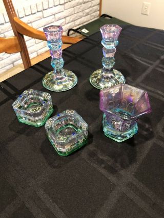 5 Partylite Mardi Gras Glass Candle Holders,  2,  5” Tapers,  2 Tealight,  1 Votive