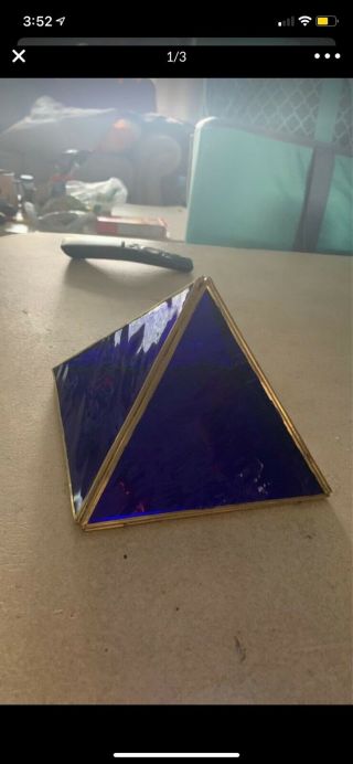 Blue Glass And Brass Pyramid Shadow Box Display Case Curio Case
