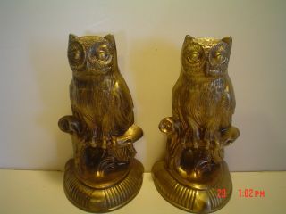 2 Vintage Brass Wise Owl Bookends,  Made In Usa,  Maker Unknown,  Exc Shape