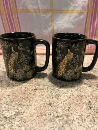Vintage Otagiri Mugs With Peacocks And Floral Scenery Set Of 2