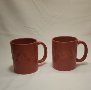 Vintage Frank Lloyd Wright Coffee Tea Mug Cup,  Set Of 2,  Red Stoneware Greek Key