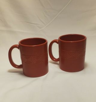 Vintage Frank Lloyd Wright Coffee Tea Mug Cup,  Set Of 2,  Red Stoneware Greek Key 2
