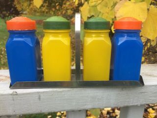 Vintage 70s Gemco Pantry Pops Colorful Yellow Blue Glass Set Of 4 Shakers W/tray