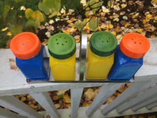Vintage 70s GEMCO Pantry Pops Colorful Yellow Blue Glass Set of 4 Shakers w/Tray 2