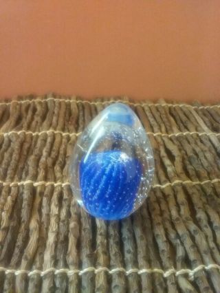 Vintage Art Glass Mt.  St.  Helens Ash Egg Paperweight Blue And Clear Glass