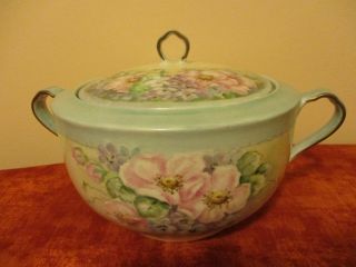Unique Vintage,  Large Soup Tureen Bowl,  Hand Painted Pink Floral,  Artist Signed