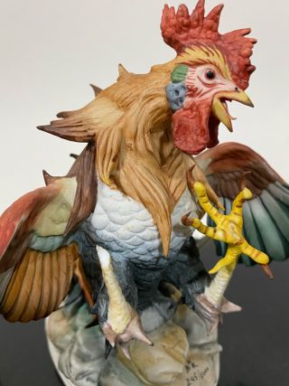 Vtg 2pc NUEVA BUEN RETIRO Porcelain Fighting Cock Rooster Art Statue Figurine 3