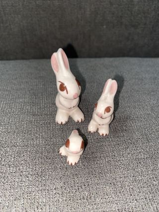 Vintage Miniature Bunny Family Porcelain Figurines 2”,  1.  5” And 1” Tall