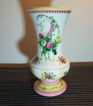 Laura Ashley Ceramic Floral Vase French Country Stripe Yellow,  Pink,  Green White