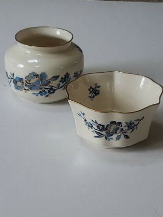 Lenox Pagoda Vase And Bowl Set Of 2 Porcelain Blue Flowers Trimmed In 24k Gold