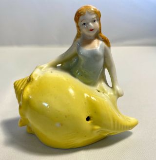 Vintage Occupied Japan Ceramic Hat Pin Holder Sea Shell Mermaid Figure