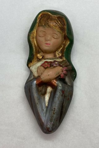 Vintage Chalkware Hand Painted Girl With Flowers Wall Hanging 7”x2 - 3/4” 2