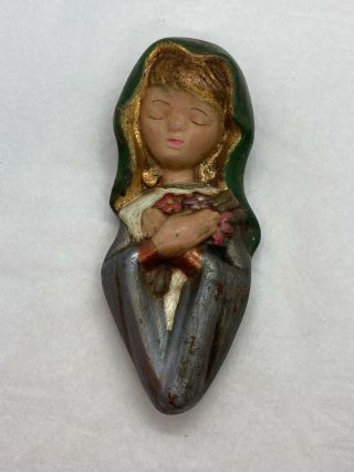 Vintage Chalkware Hand Painted Girl With Flowers Wall Hanging 7”x2 - 3/4” 3