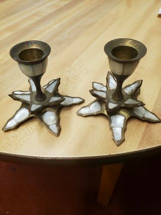 Pair Vintage Brass Mother Of Pearl Abalone Shell Inlay Candle Stick Holders 3 
