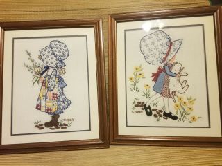 Vintage Holly Hobbie Embroidery In Frames,  Set Of Two 15x18