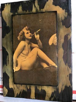 Vintage Wood Plaque Decoupage Nude Woman With Cigarette E - 7