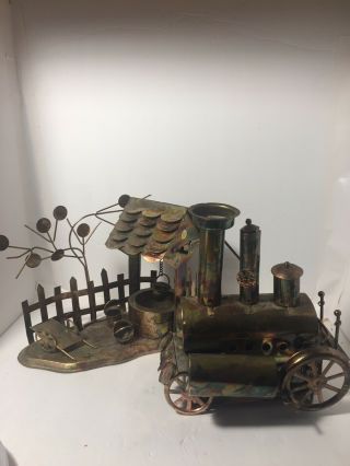 Vintage Copper Tin Metal Art Music Box Antique Steam Train & Water Well Scene
