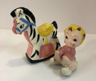 Rare Vintage Baby Riding Zebra Rocking Horse Salt & Pepper Shakers stacking 3