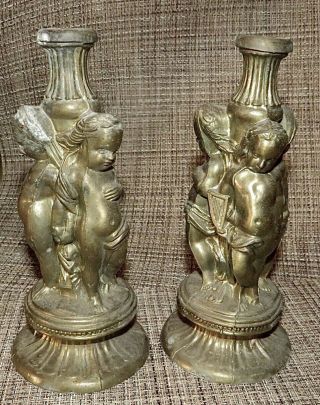 Pair Antique Brass Putti Cherub Candle Holders 8” Signed 8647
