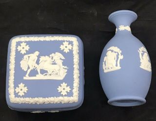 Vtg Collectible Wedgwood Blue Jasperware Trinket Box And Bud Vase 1956 England