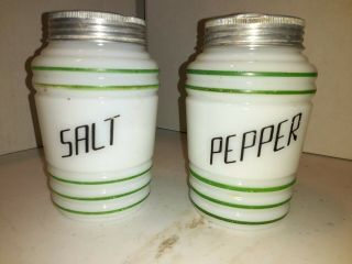 Vintage White Milk Glass Salt & Pepper Shakers Ribbed Beehive Green Stripes