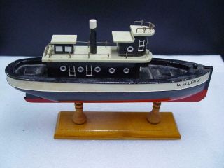 11.  5 " Vintage Hand Carved Chesapeake Bay Tug Boat On Stand