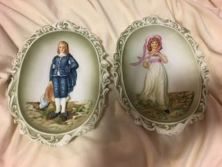 Vintage Pinkie And Blue Boy Lefton China Wall Placques - Kw3504