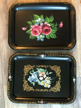 2 Vintage Metal Serving Trays - Black W/ Fruit Floral Designs