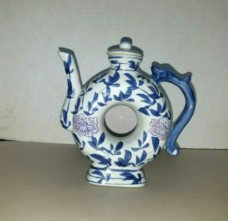 Blue White Pink Floral Doughnut Hole Teapot With Lid Vintage Porcelain China