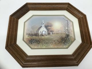 Vintage Homco Wood Framed Under Glass Octagonal Print " Country Church "