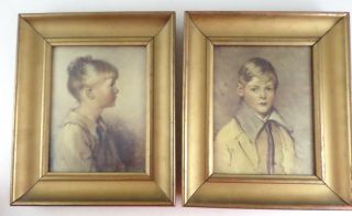 Pair Vintage Portrait Prints Children Chippy Gold Wood Frames 8x10