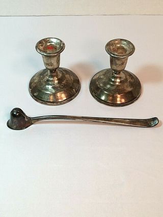 Two Vintage Silver Plate Candle Holders And Helmet Style Snuffer