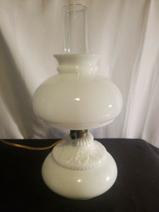Antique Milk Glass Oil Lamp Converted To Electric With Clear Glass Chimney 16 "
