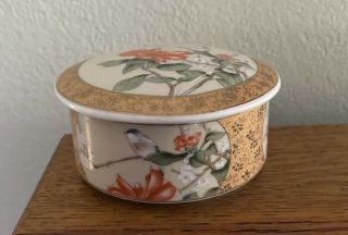 Vintage Hand Painted Japanese Porcelain Trinket Box W/Lid Gold Trim Bird Flower 2