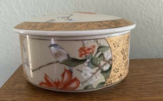 Vintage Hand Painted Japanese Porcelain Trinket Box W/Lid Gold Trim Bird Flower 3