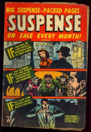 Suspense 27 Owner Pre - Code Horror Golden Age Atlas Comic 1953 Vg,