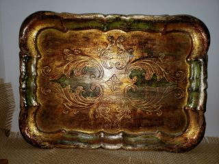 Vintage Florentine Painted Wood Square Tray Italy Italian Gilted