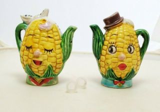 Vtg Ceramic Salt Pepper Shakers Anthropomorphic Ear Corn Couple Teapot