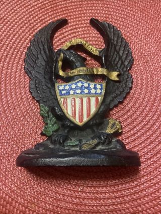 Vtg 1 Hubley Cast Iron American Flag Eagle Bookend “665” Shield E Pluribus Unum