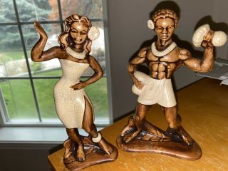Dancers,  Pacific,  Polynesian Isles,  Ceramic,  7 3/4 " H,  Vintage,  Brown,  White