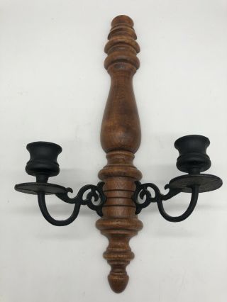 Vintage Wood And Black Iron 2 Candle Holder Candelabra Wall Hang