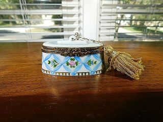 French Porcelain Limoges Trinket Box Blue Ribbons With Gold Tassel Hp