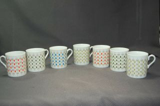 Vintage 7pc Mcm White Retro Circle Design Porcelain Coffee Tea Mugs