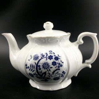 Vintage Blue White Porcelain Teapot Blue Onion Floral Design 6 " Gold Trim